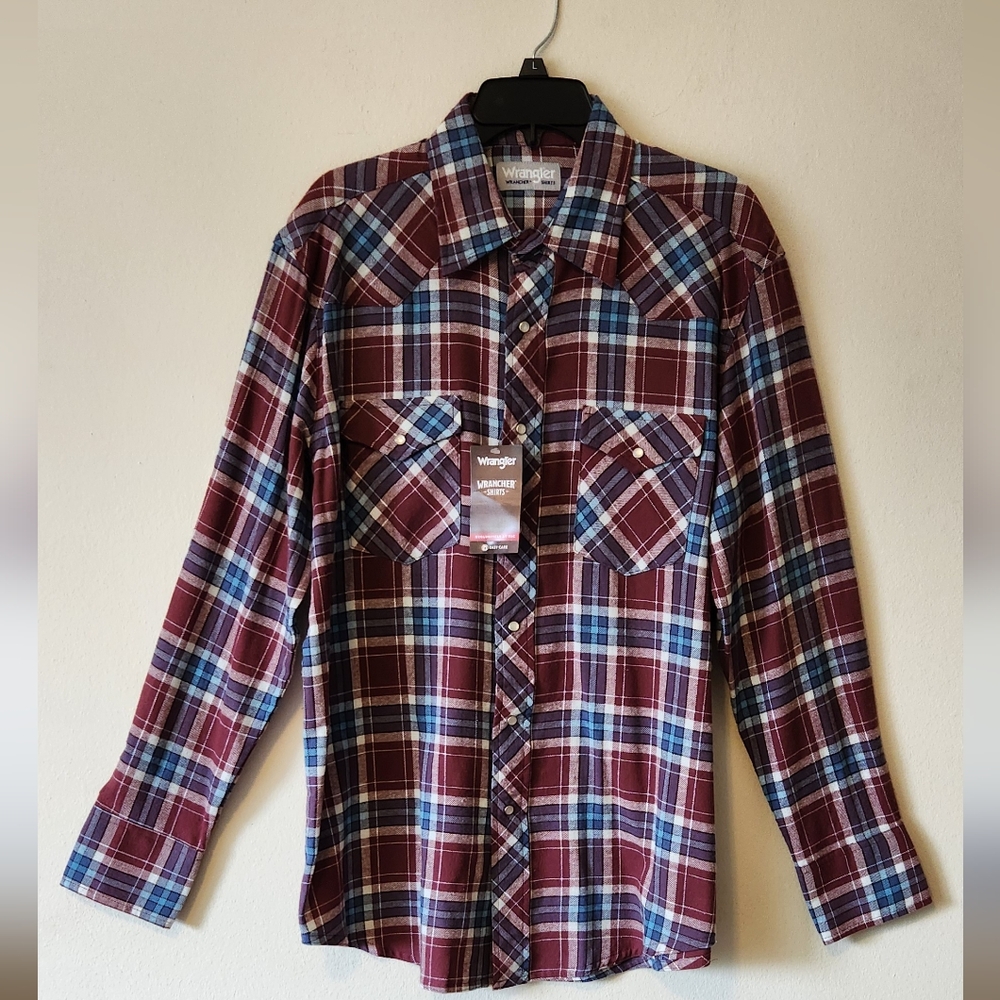 NWT Wrangler Wrancher Pearl Snap Button Up Shirt Men's Large Plaid Flannel